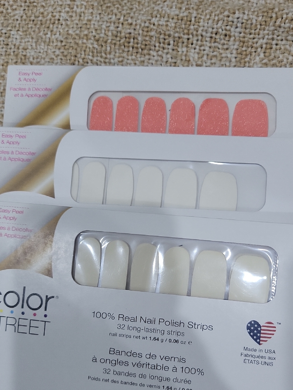 Color Street Coral Glitter, White & Clear Nail Strips